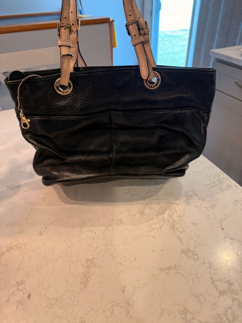 MICHAEL KORS Black Leather Tote with Beige Straps - Women Bags